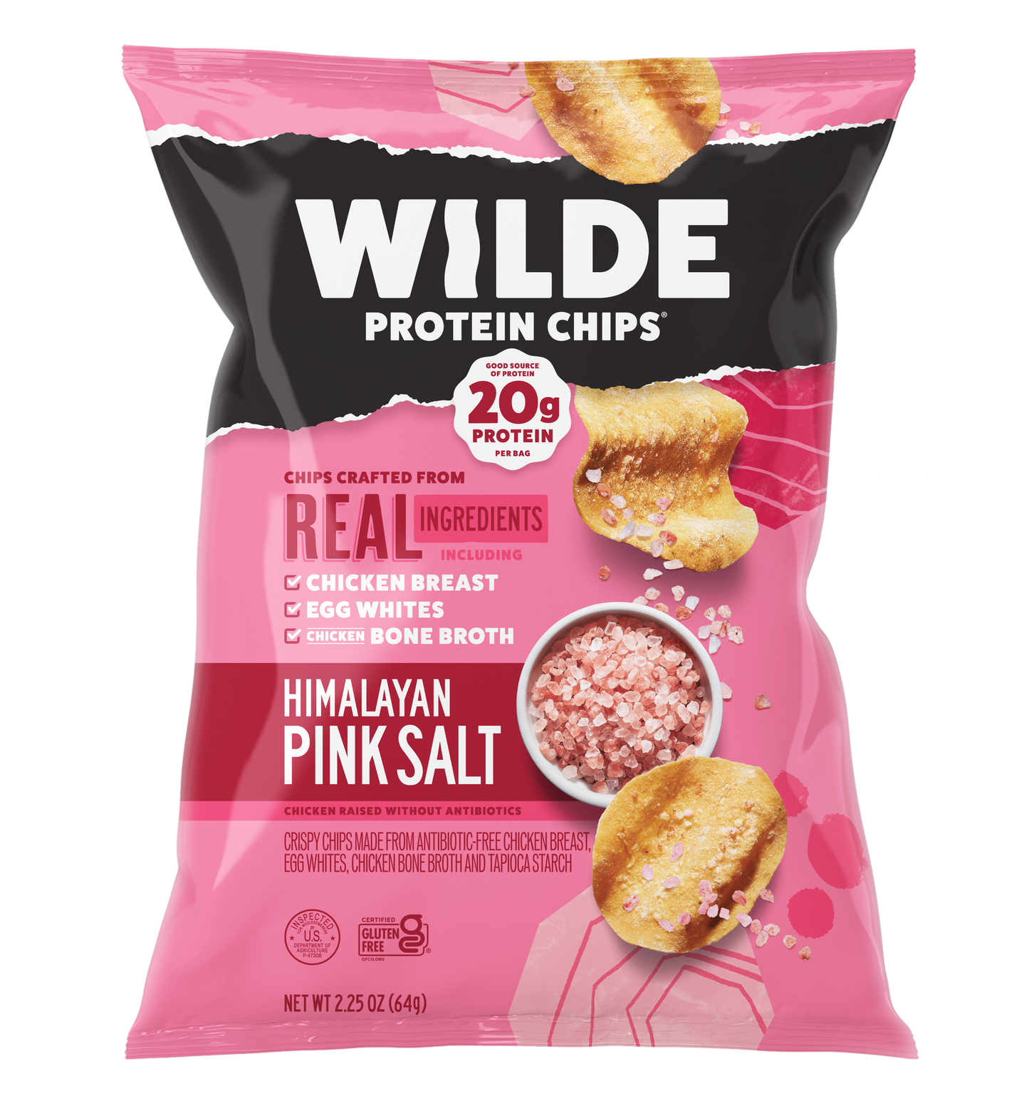 WILDE PROTEIN CHIPS 20g PROTEIN REAL INGREDIENTS CHICKEN BREAST EGG WHITES CHICKEN BONE BROTH HIMALAYAN PINK SALT