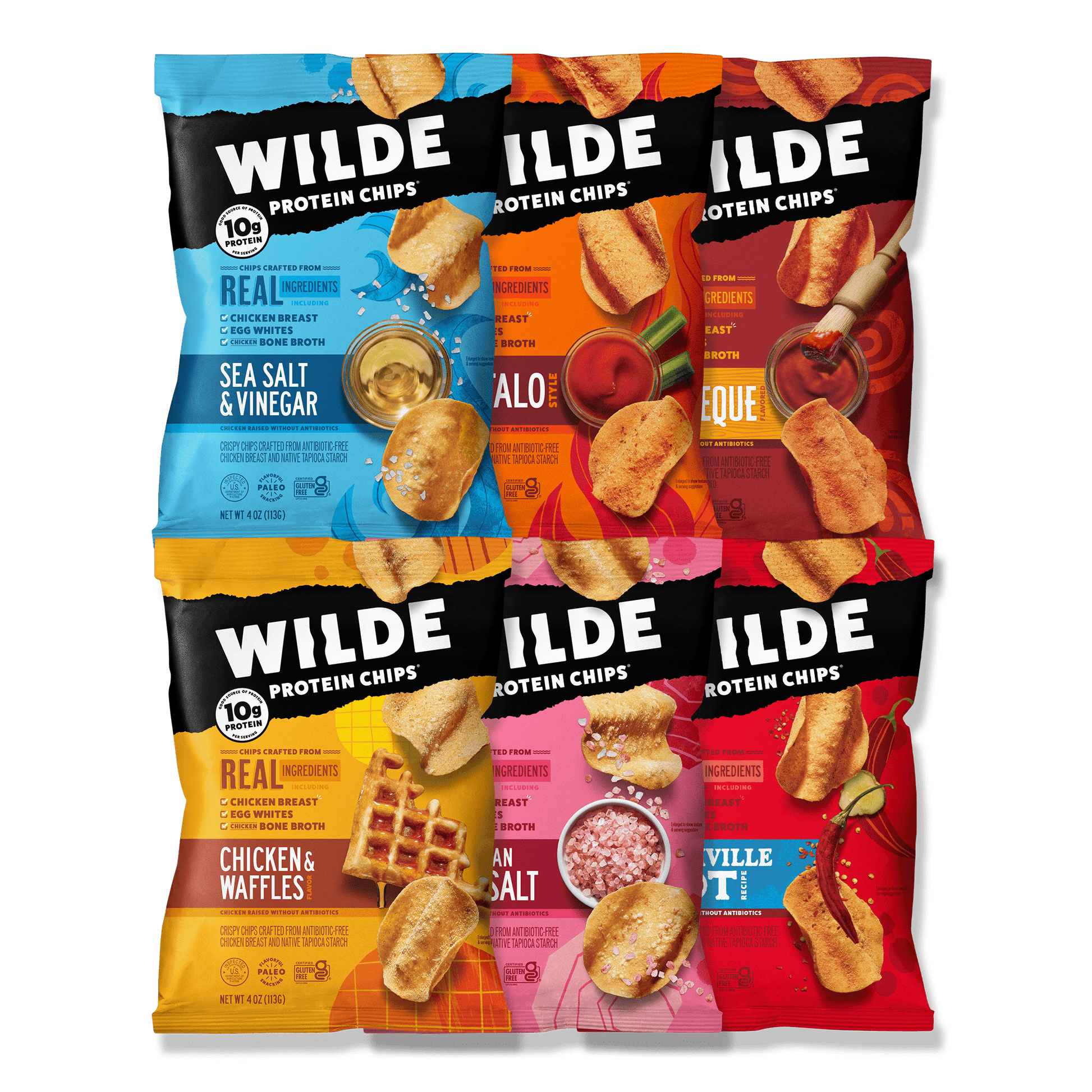 Wilde protein chips variety pack featuring Sea Salt & Vinegar, Nashville Hot, Barbeque, Chicken & Waffles, Himalayan Pink Salt, and Buffalo Chicken flavors.