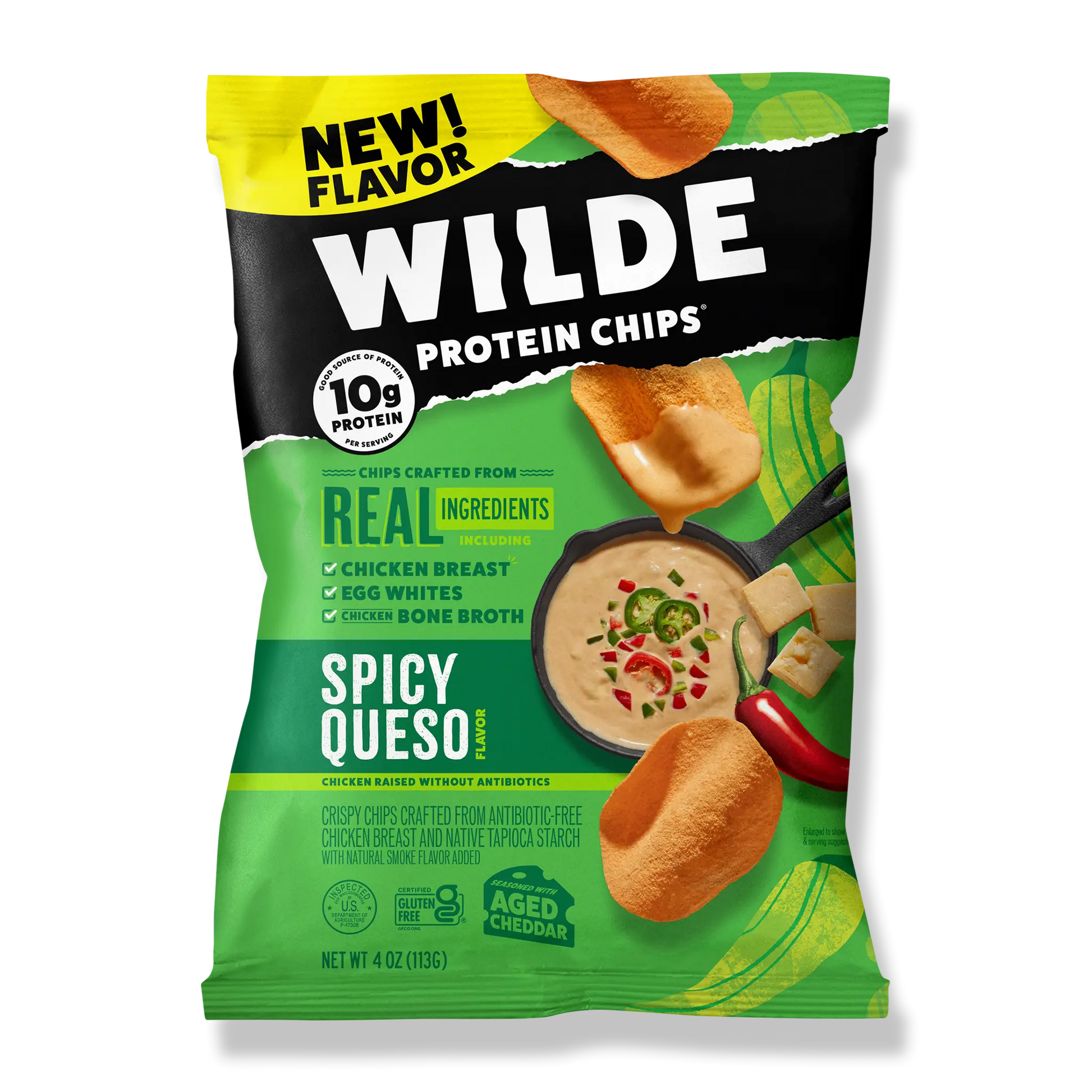 Wilde Protein Chips Spicy Queso flavor packaging, featuring a bowl of queso and chips, with text: NEW! FLAVOR, 10g protein, REAL INGREDIENTS, chicken breast, egg whites, chicken bone broth, aged cheddar.