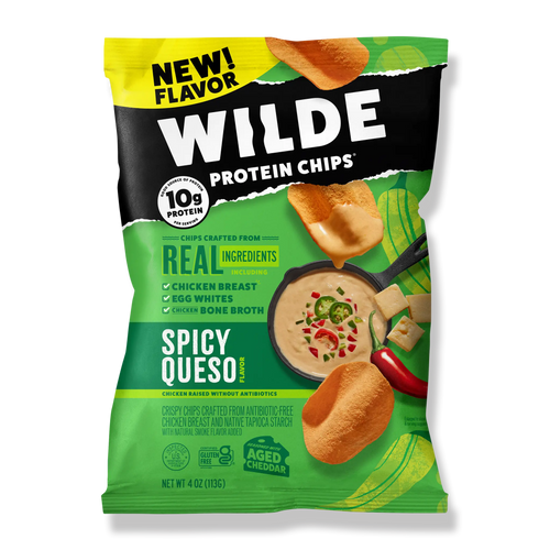 Wilde Protein Chips Spicy Queso flavor packaging, featuring a bowl of queso and chips, with text: NEW! FLAVOR, 10g protein, REAL INGREDIENTS, chicken breast, egg whites, chicken bone broth, aged cheddar.