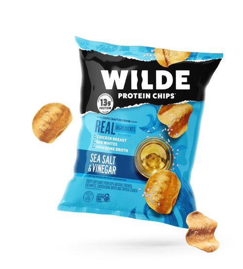 Front view of a Sea Salt and Vinegar Wilde Protein Chips Packet.
