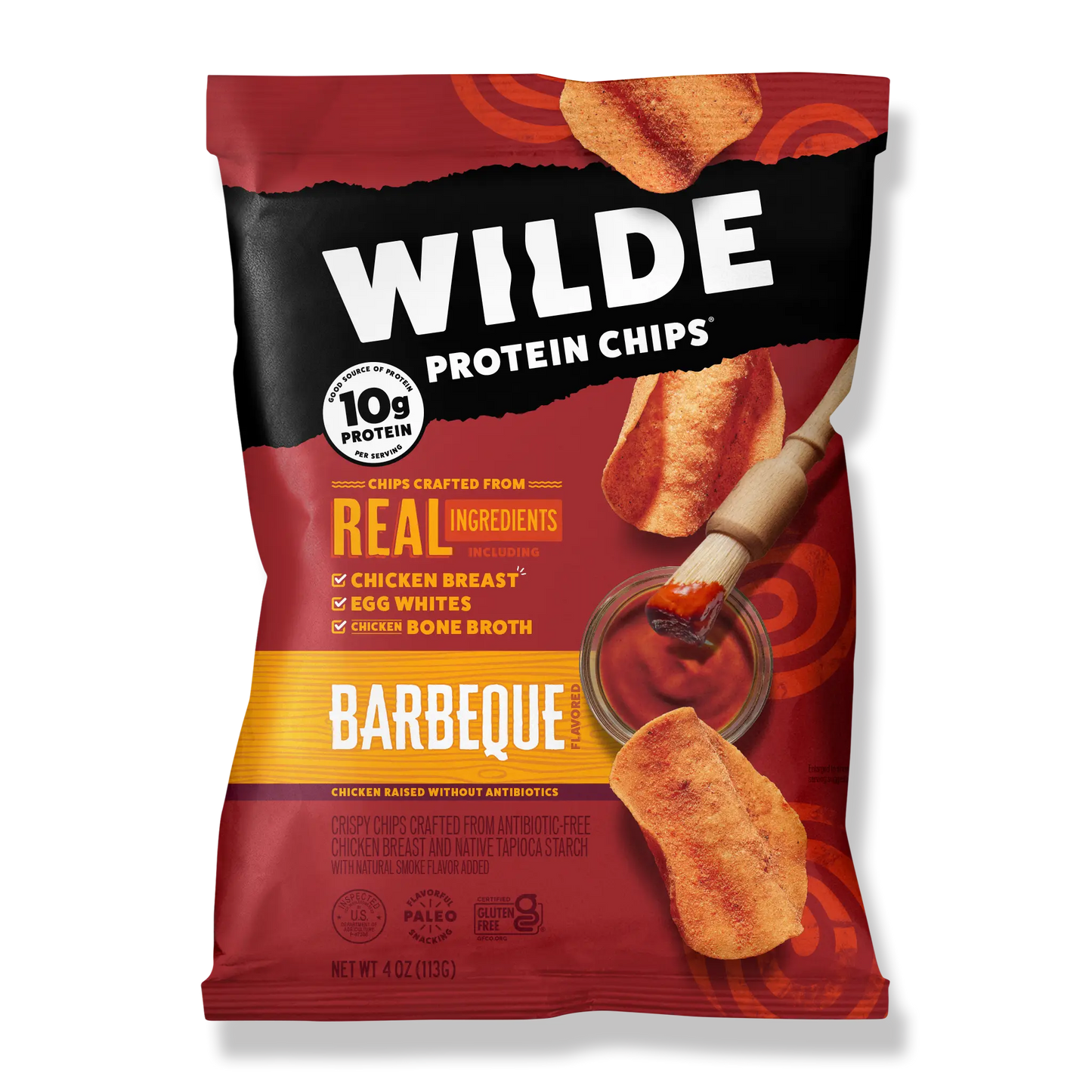 Front of Wilde Protein Chips bag, Barbeque flavor emphasizing 10g protein and real ingredients.