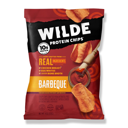 Front of Wilde Protein Chips bag, Barbeque flavor emphasizing 10g protein and real ingredients.