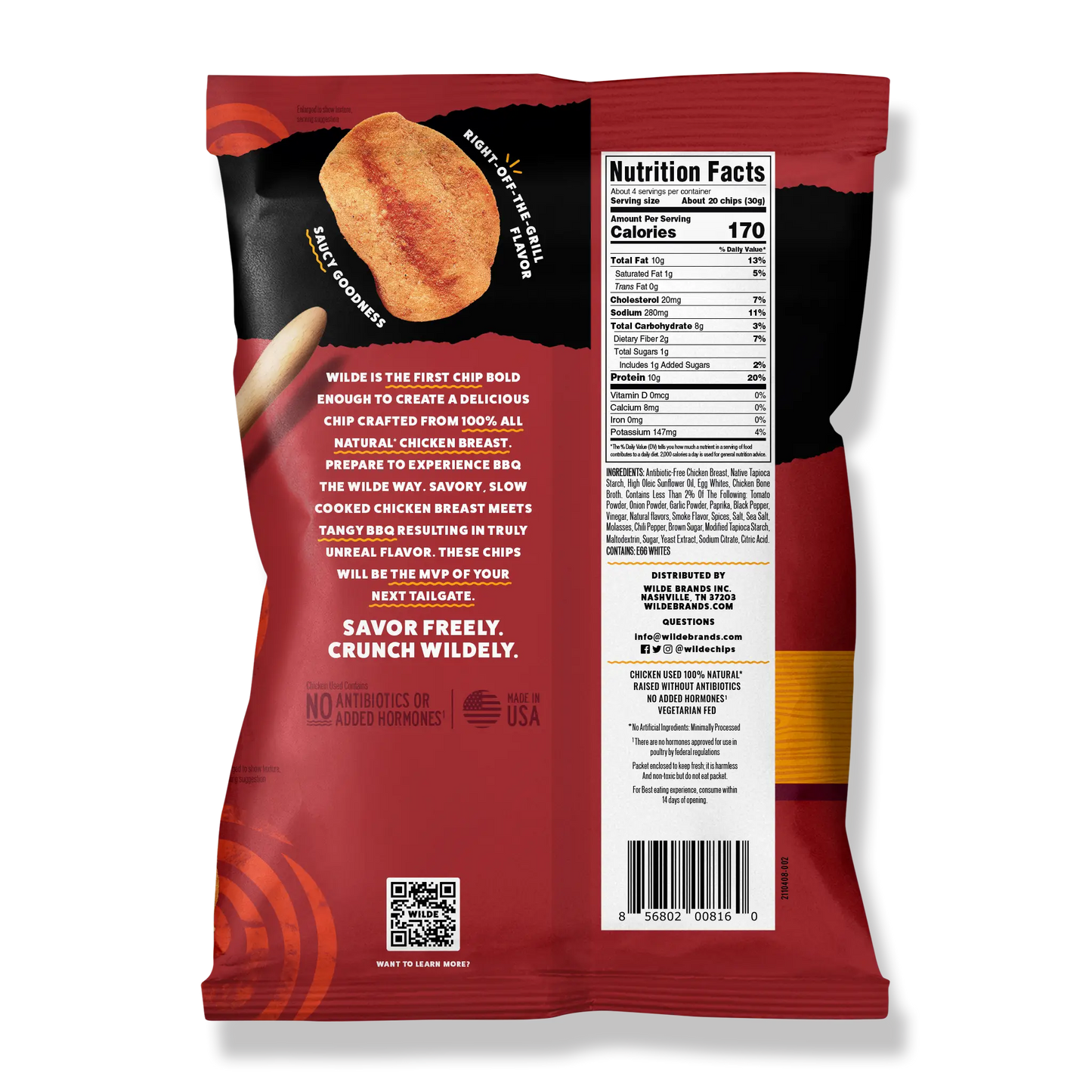 Back of Wilde Protein Chips bag, Barbeque flavor, with nutritional facts.