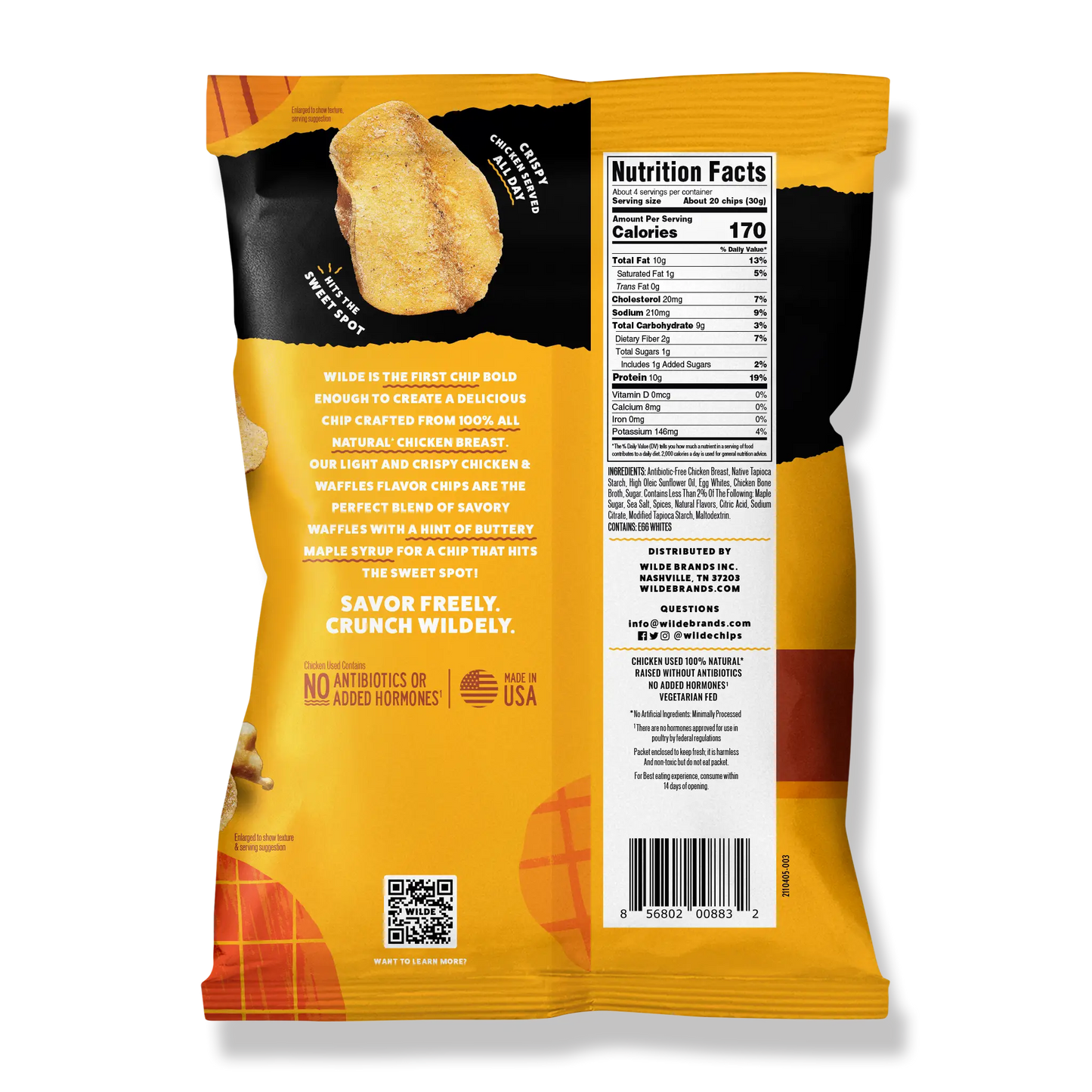 Back of Wilde Protein Chips bag, Chicken and Waffles flavor, with nutritional facts.