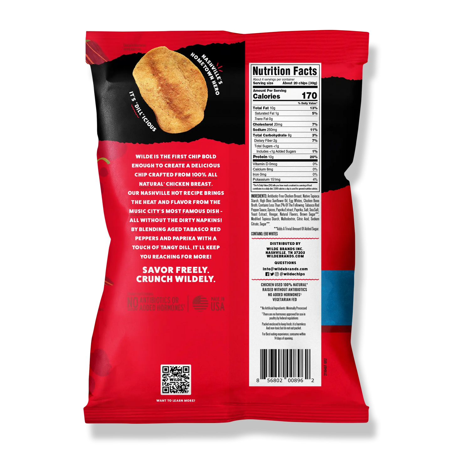 Back of Wilde Protein Chips bag, Nashville Hot flavor, with nutritional facts.