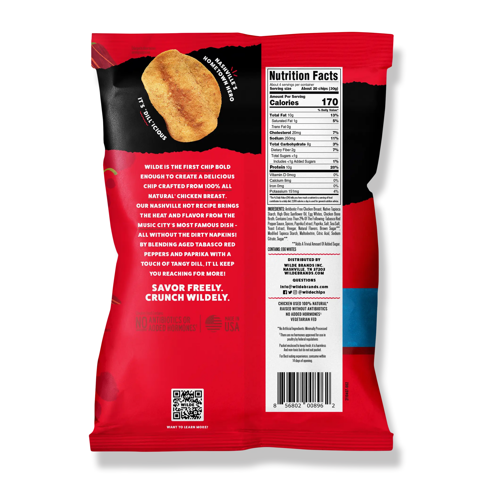 Back of Wilde Protein Chips bag, Nashville Hot flavor, with nutritional facts.