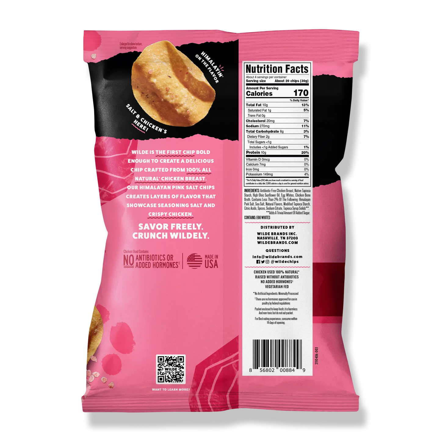 Back of Wilde Protein Chips bag, Pink Himalayan Salt flavor, with nutritional facts.
