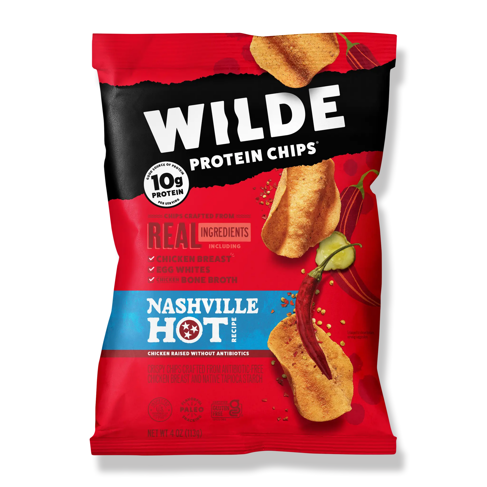 Front of Wilde Protein Chips bag, Nashville Hot flavor emphasizing 10g protein and real ingredients.