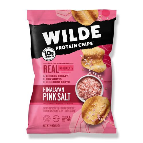 Front of Wilde Protein Chips bag, Himalayan Pink Salt flavor emphasizing 10g protein and real ingredients.