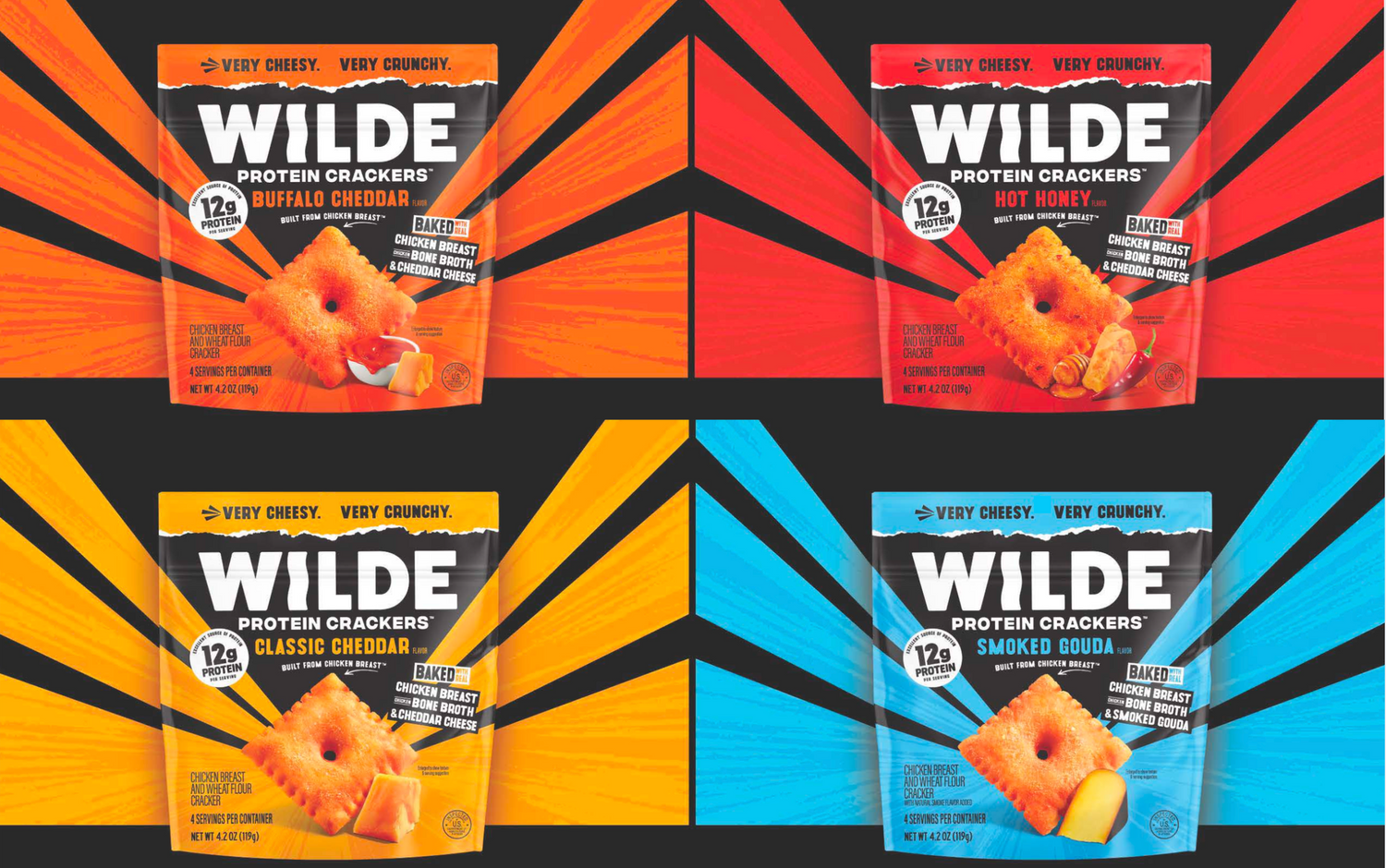 Front view of four Wilde Protein Crackers pouches showing four flavors and 12g protein badge against colorful rays