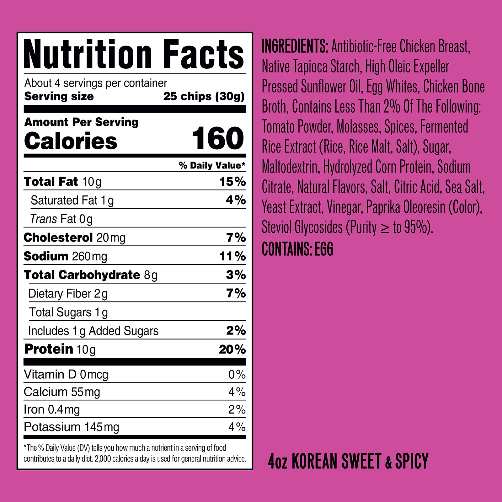 Nutrition facts label showing 160 calories per 25-chip (30 g) serving, 10 g protein and ingredients for 4oz Korean Sweet & Spicy