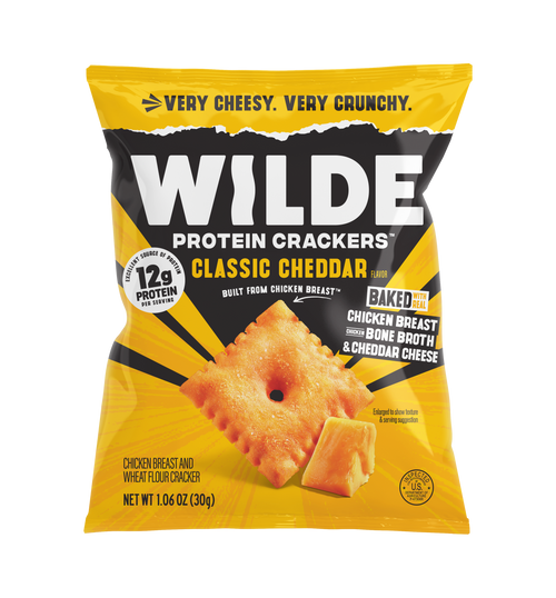 Front of Classic Cheddar crackers bag showing WILDE logo, 'VERY CHEESY. VERY CRUNCHY.' headline and close-up cracker
