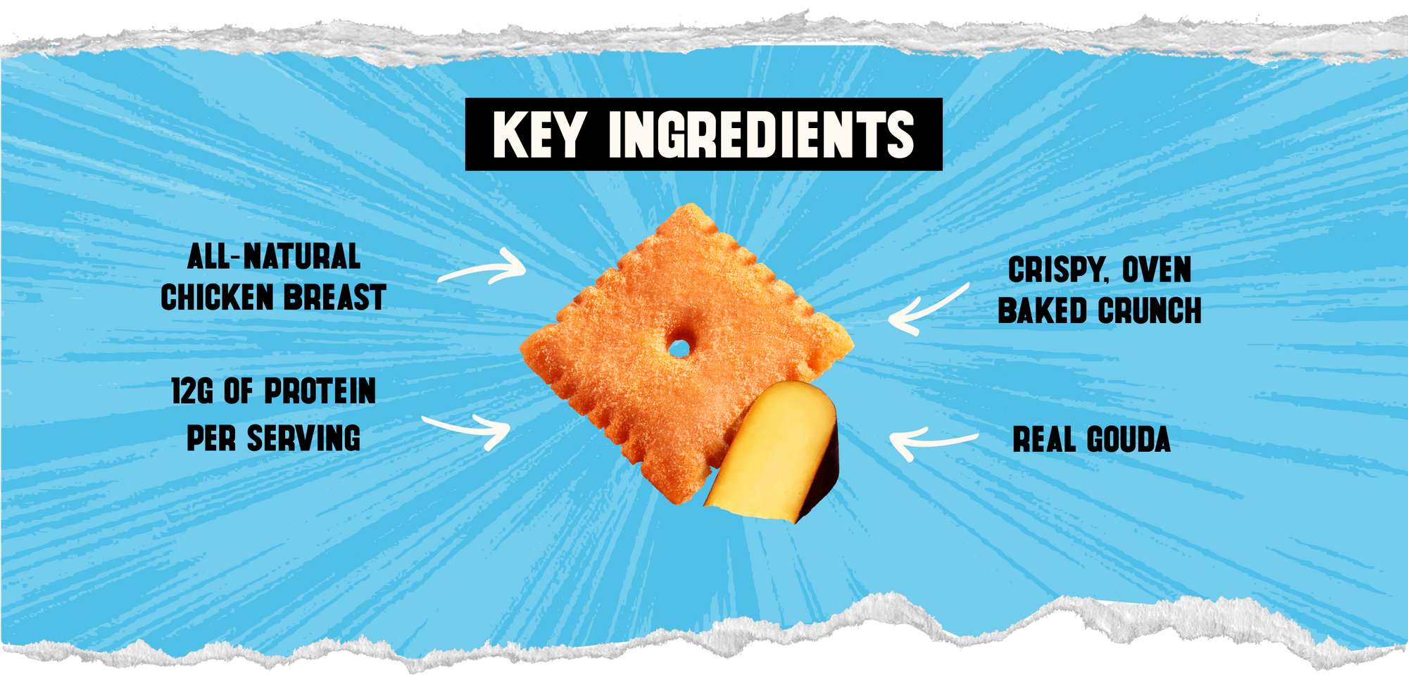 Infographic showing KEY INGREDIENTS: cracker and Gouda with labels, all-natural chicken breast; 12g of protein per serving; crispy oven-baked crunch; real Gouda