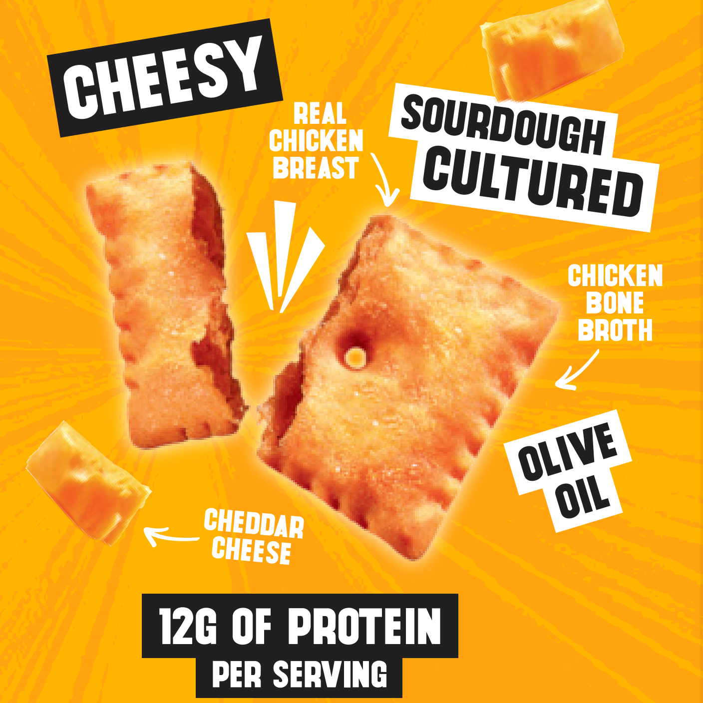 Promotional poster showing cheesy protein crackers labeled 'Sourdough Cultured' and '12g of protein per serving'