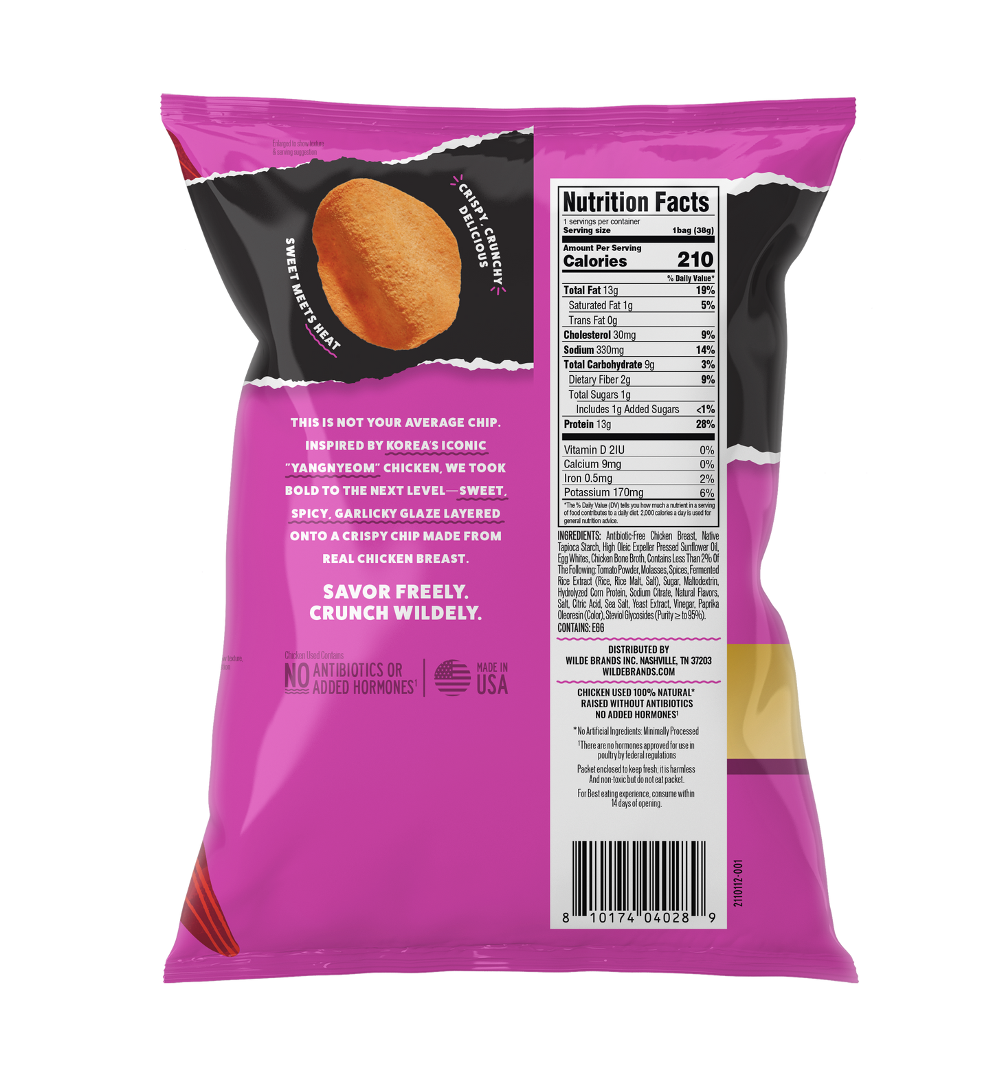 Back of Korean Sweet & Spicy protein chips bag showing Nutrition Facts panel, barcode, and product description on magenta background