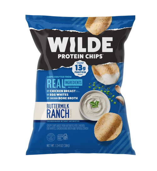 Front of 1.34 oz Wilde Buttermilk Ranch protein chips bag showing WILDE logo, Buttermilk Ranch flavor and 13g protein badge