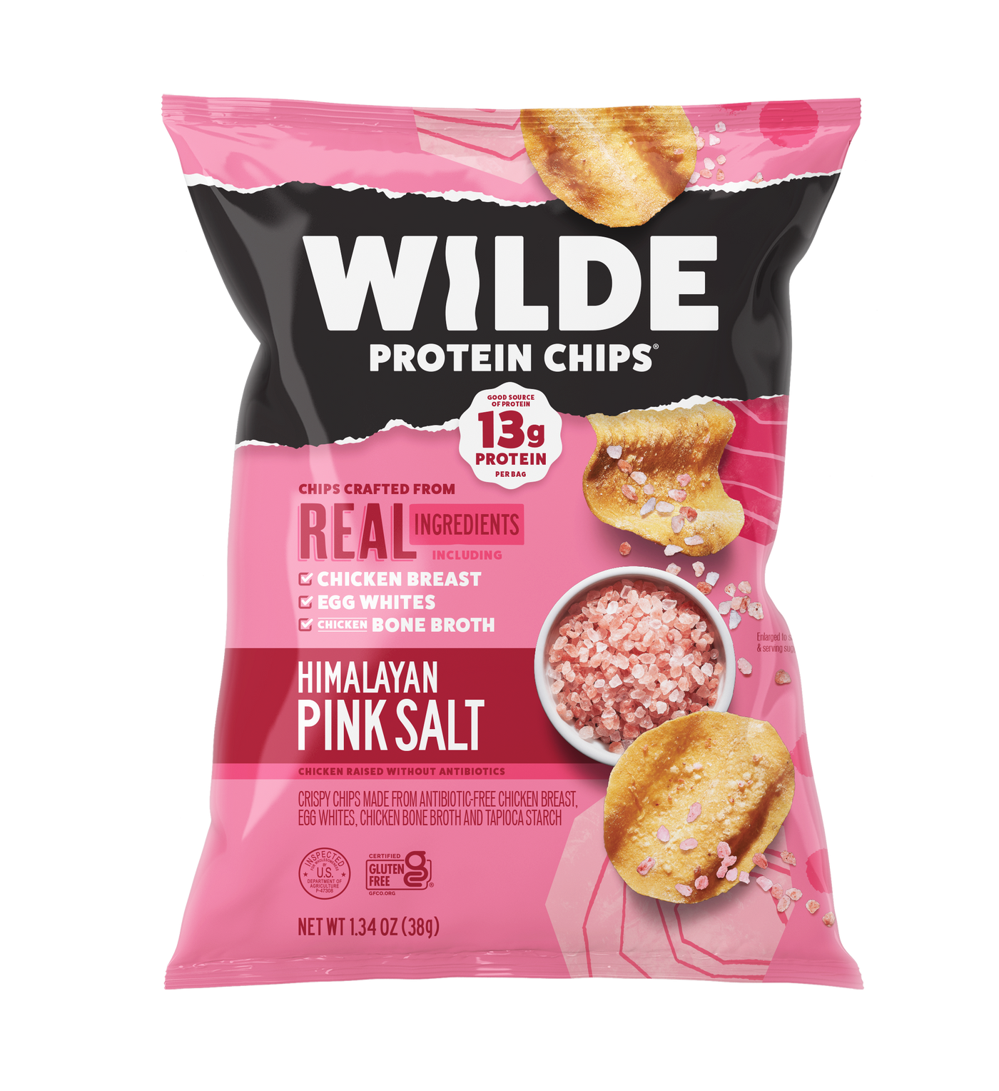 WILDE PROTEIN CHIPS 13g PROTEIN HIMALAYAN PINK SALT REAL INGREDIENTS CHICKEN BREAST EGG WHITES CHICKEN BONE BROTH