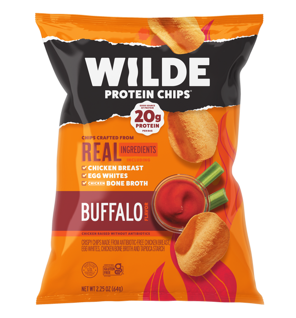 Wilde Protein Chips bag - Buffalo flavor, 20g protein per bag; callouts: chicken breast, egg whites, chicken bone broth.
