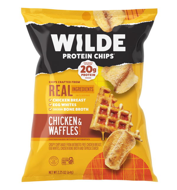 WILDE Protein Chips bag — Chicken & Waffles flavor, waffle graphic, chips, and '20g PROTEIN' badge.
