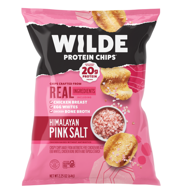 WILDE PROTEIN CHIPS 20g PROTEIN REAL INGREDIENTS CHICKEN BREAST EGG WHITES CHICKEN BONE BROTH HIMALAYAN PINK SALT
