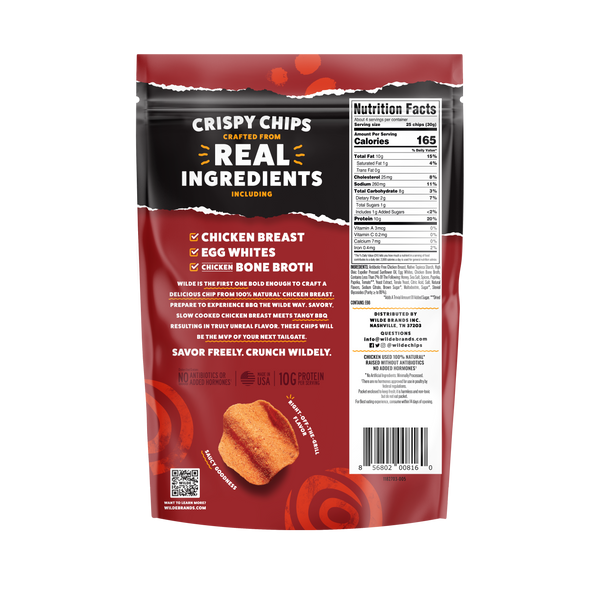 Back of Wilde Crispy Chips bag: 'REAL INGREDIENTS' callout, checked ingredients list, nutrition facts panel and barcode.