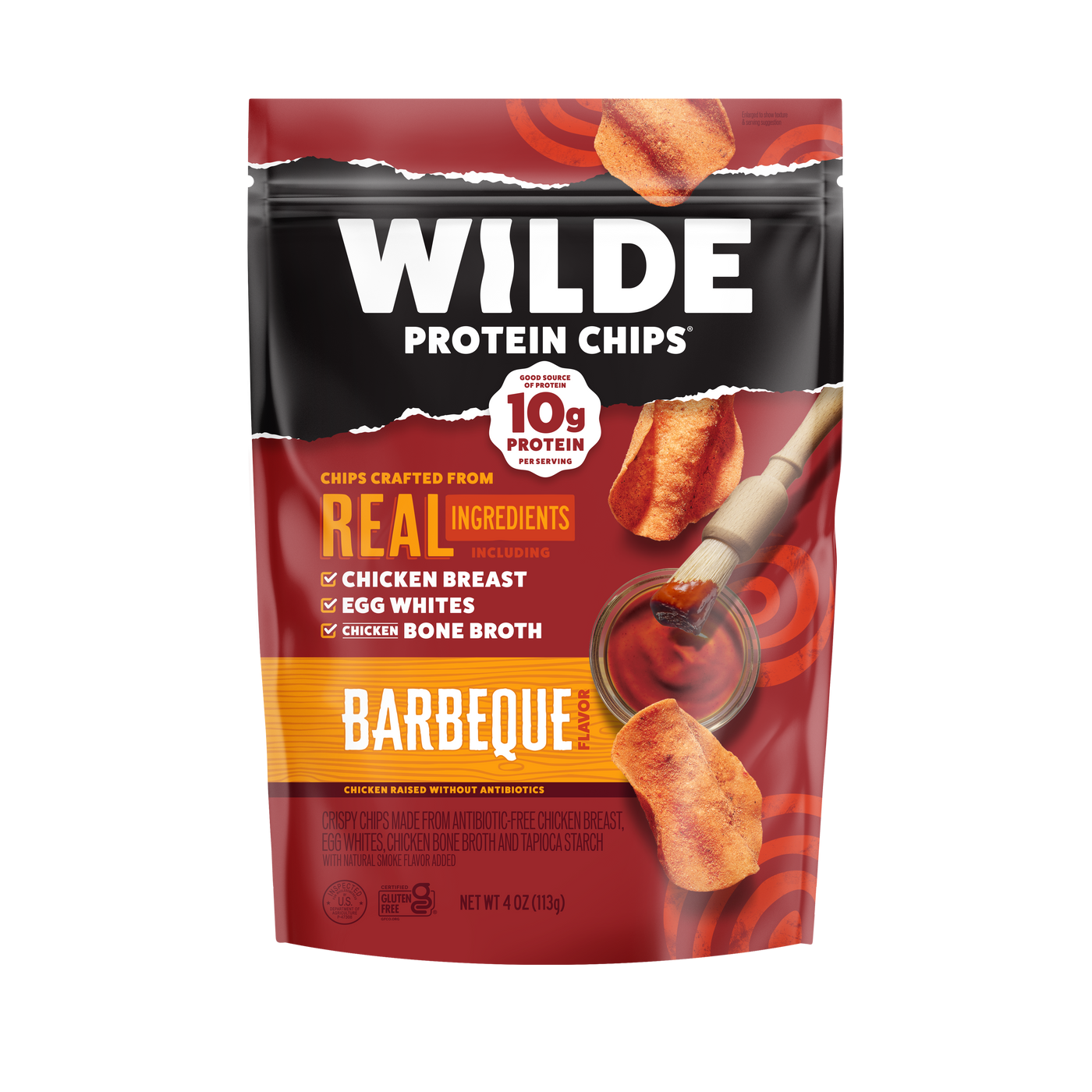 WILDE PROTEIN CHIPS — 10g PROTEIN; REAL INGREDIENTS: CHICKEN BREAST, EGG WHITES, CHICKEN BONE BROTH — BARBEQUE