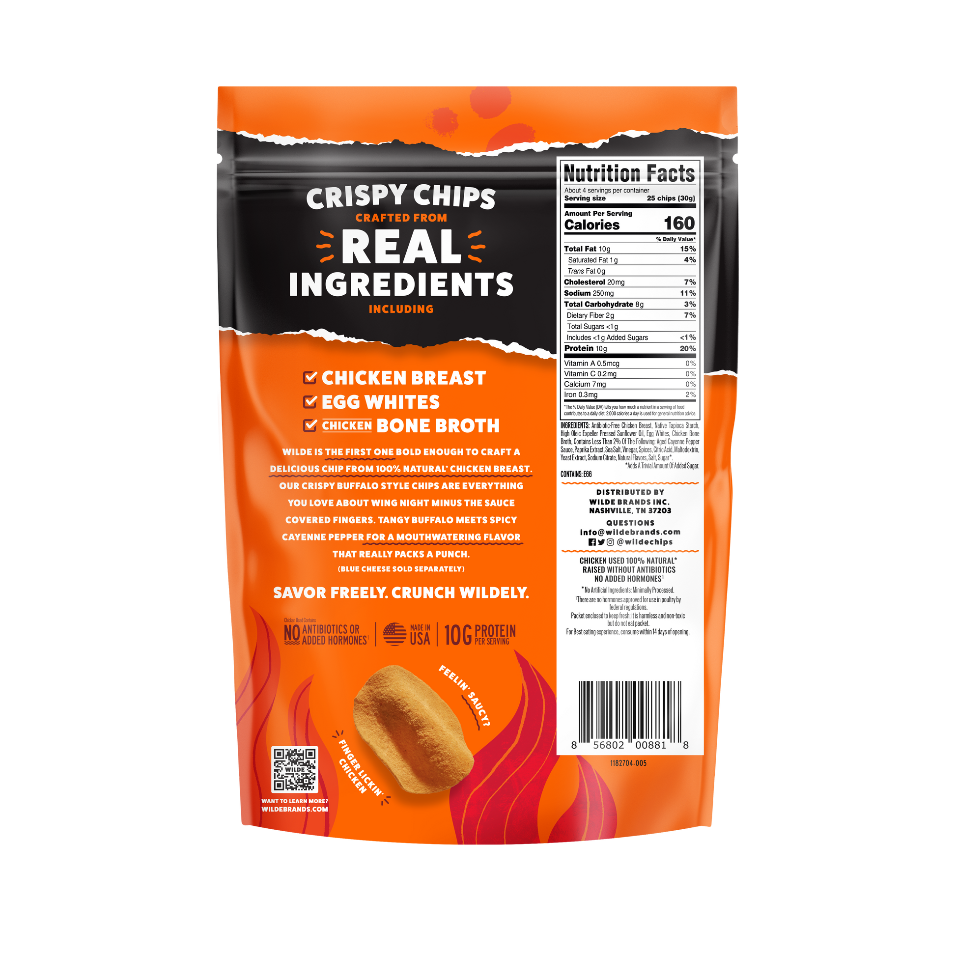 Back of orange chip bag with REAL INGREDIENTS headline, checklist of chicken breast, egg whites, bone broth, and Nutrition Facts.
