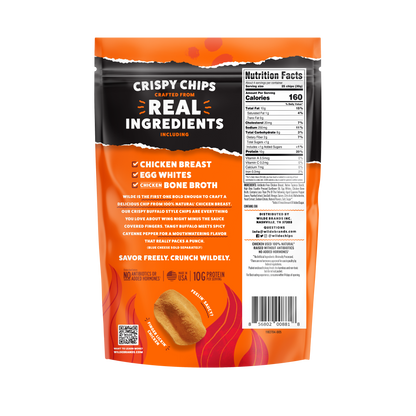 Back of orange chip bag with REAL INGREDIENTS headline, checklist of chicken breast, egg whites, bone broth, and Nutrition Facts.