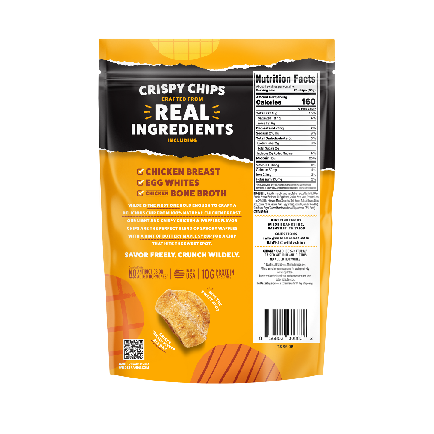 Back of Wilde Protein Chips bag, Chicken and Waffles flavor, showing nutrition facts, ingredients, and text: "Wilde is the first chip bold enough to create a delicious chip crafted from 100% all natural chicken breast. Our light and crispy chicken & waffles flavor chips are the perfect blend of savory waffles with a hint of buttery maple syrup for a chip that hits the sweet spot! Savor freely. Crunch widely. No antibiotics or added hormones. Made in USA."