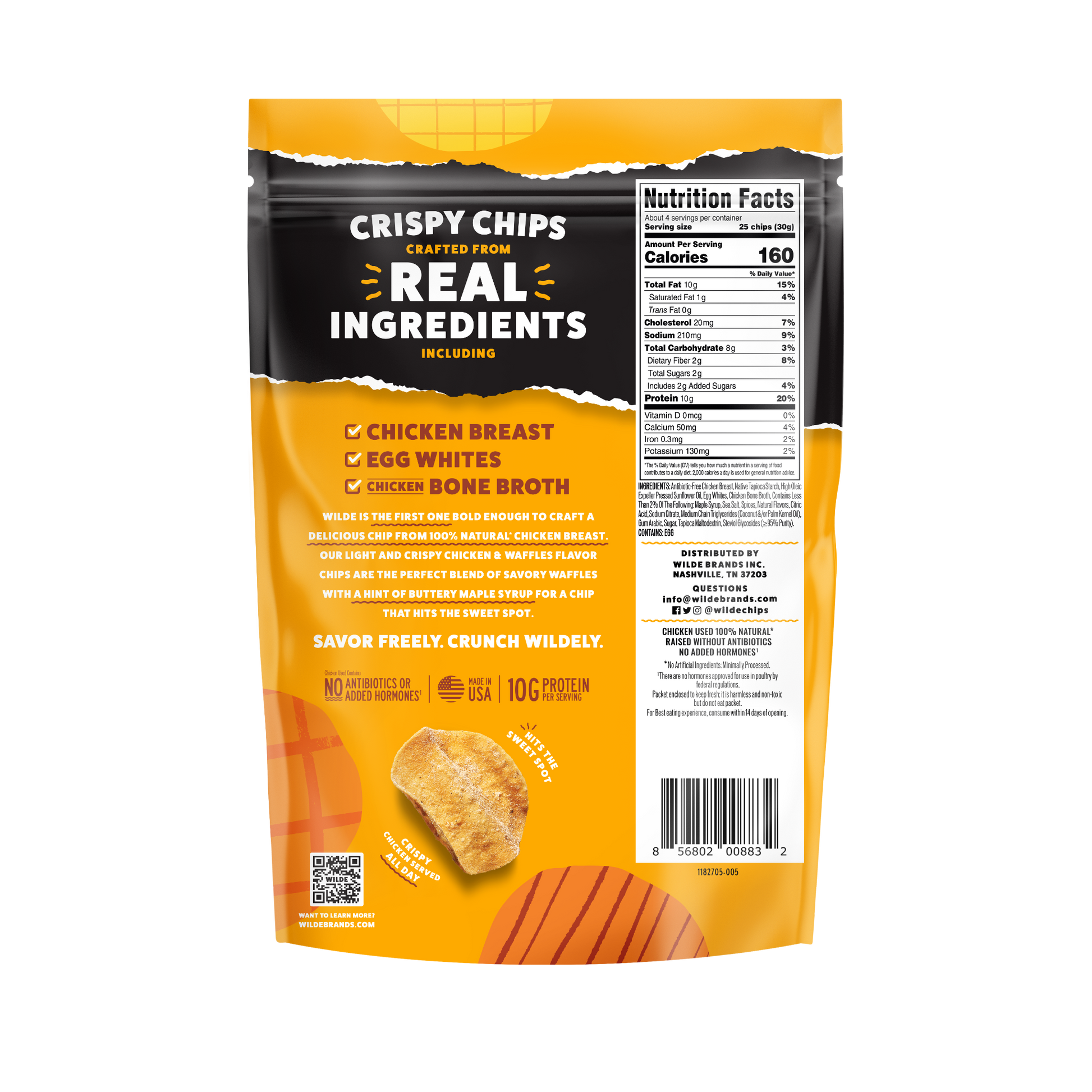 Back of Wilde Protein Chips bag, Chicken and Waffles flavor, showing nutrition facts, ingredients, and text: "Wilde is the first chip bold enough to create a delicious chip crafted from 100% all natural chicken breast. Our light and crispy chicken & waffles flavor chips are the perfect blend of savory waffles with a hint of buttery maple syrup for a chip that hits the sweet spot! Savor freely. Crunch widely. No antibiotics or added hormones. Made in USA."