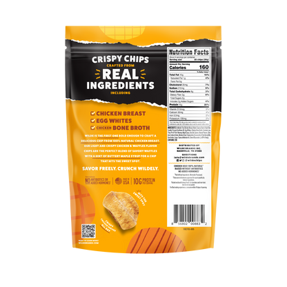 Back of Wilde Protein Chips bag, Chicken and Waffles flavor, showing nutrition facts, ingredients, and text: "Wilde is the first chip bold enough to create a delicious chip crafted from 100% all natural chicken breast. Our light and crispy chicken & waffles flavor chips are the perfect blend of savory waffles with a hint of buttery maple syrup for a chip that hits the sweet spot! Savor freely. Crunch widely. No antibiotics or added hormones. Made in USA."