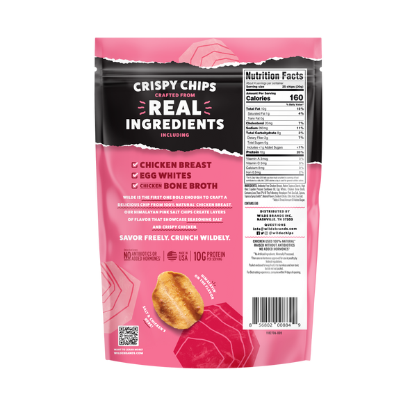 Back of pink chip bag: CRISPY CHIPS; REAL INGREDIENTS: CHICKEN BREAST, EGG WHITES, CHICKEN BONE BROTH; SAVOR FREELY.