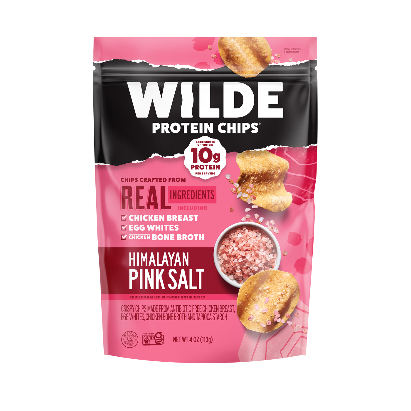 WILDE PROTEIN CHIPS — HIMALAYAN PINK SALT; 10g PROTEIN PER SERVING; CHICKEN BREAST, EGG WHITES, CHICKEN BONE BROTH