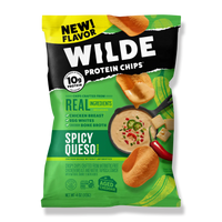 Wilde Protein Chips Spicy Queso flavor packaging, featuring a bowl of queso and chips, with text: NEW! FLAVOR, 10g protein, REAL INGREDIENTS, chicken breast, egg whites, chicken bone broth, aged cheddar.