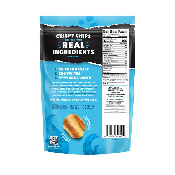 Back of blue Wilde chips bag: "CRISPY CHIPS Crafted from REAL INGREDIENTS" with checklist "CHICKEN BREAST, EGG WHITES, CHICKEN BONE BROTH" and Nutrition Facts panel.