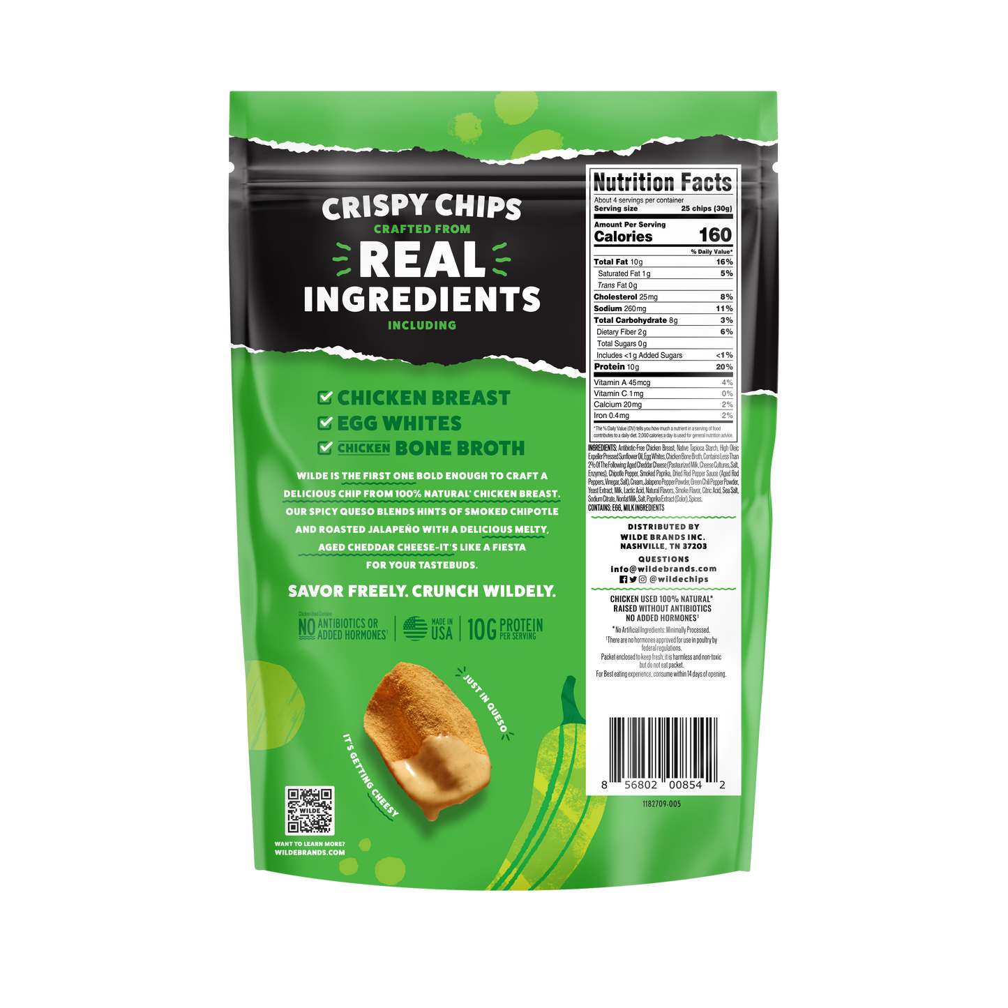 Back of green chip bag showing branding: “Crispy Chips crafted from real ingredients,” lists chicken breast, egg whites, chicken bone broth, and a nutrition facts panel.