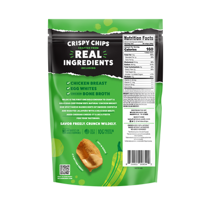 Back of green chip bag showing branding: “Crispy Chips crafted from real ingredients,” lists chicken breast, egg whites, chicken bone broth, and a nutrition facts panel.