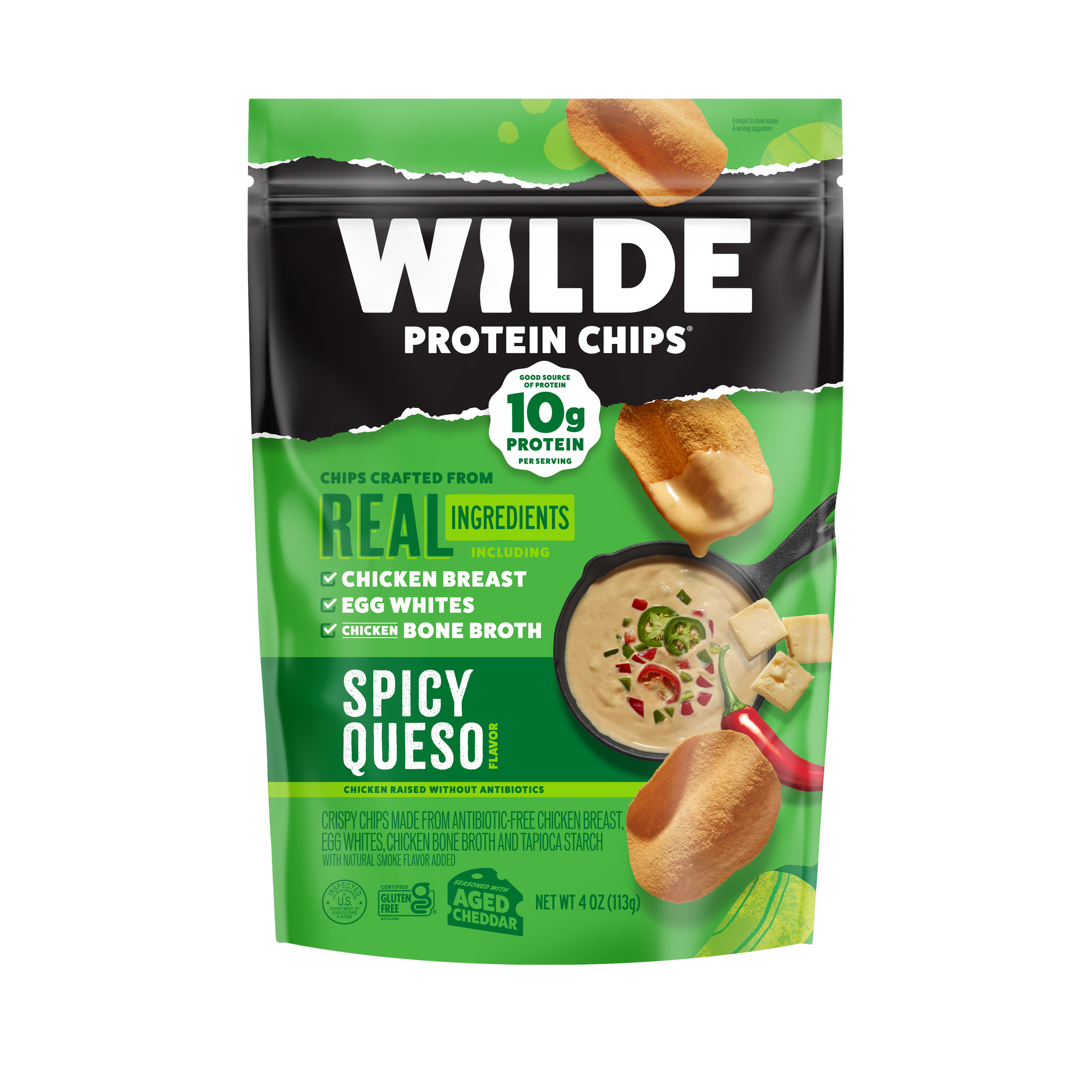 Wilde Protein Chips Spicy Queso resealable green bag, 10g protein per serving
