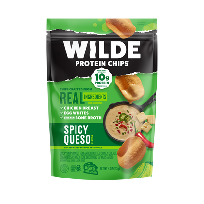 Wilde Protein Chips Spicy Queso resealable green bag, 10g protein per serving