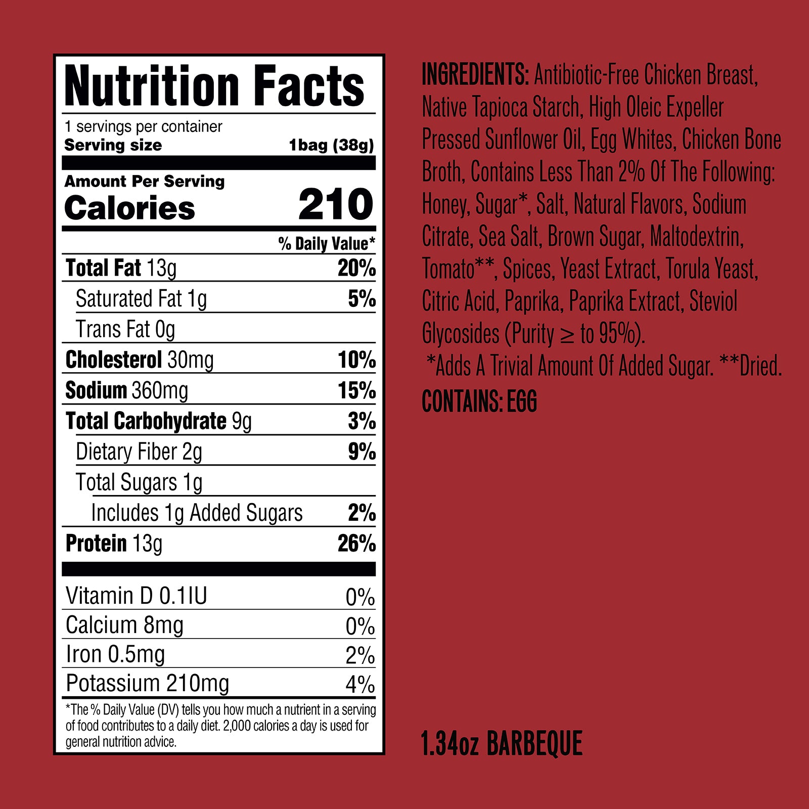 Nutrition Facts panel and ingredients for BARBEQUE chicken snack; Serving size 1 bag (38g), Calories 210, Contains: EGG