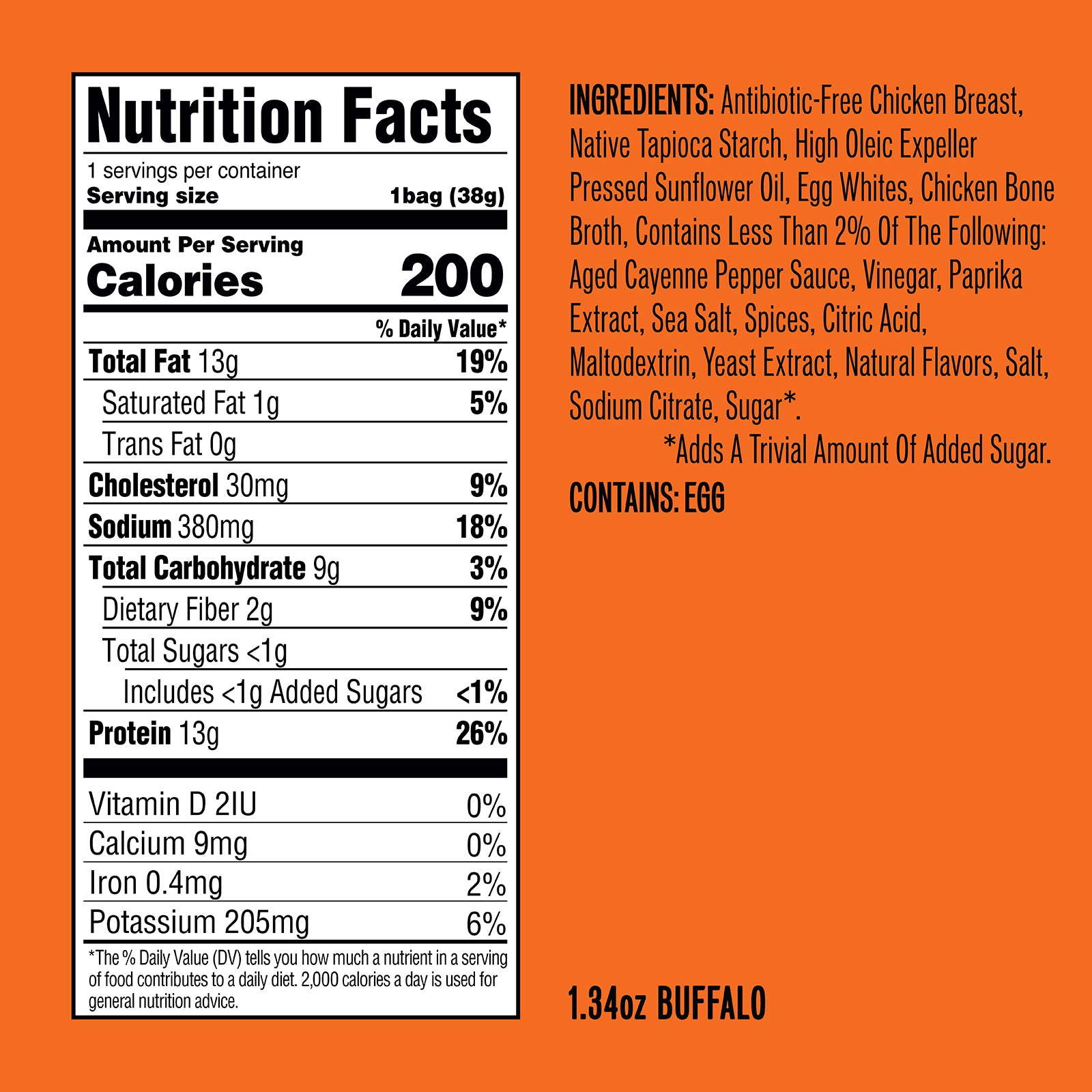 Nutrition facts panel and ingredient list for Buffalo-flavored chicken snack on orange background.
