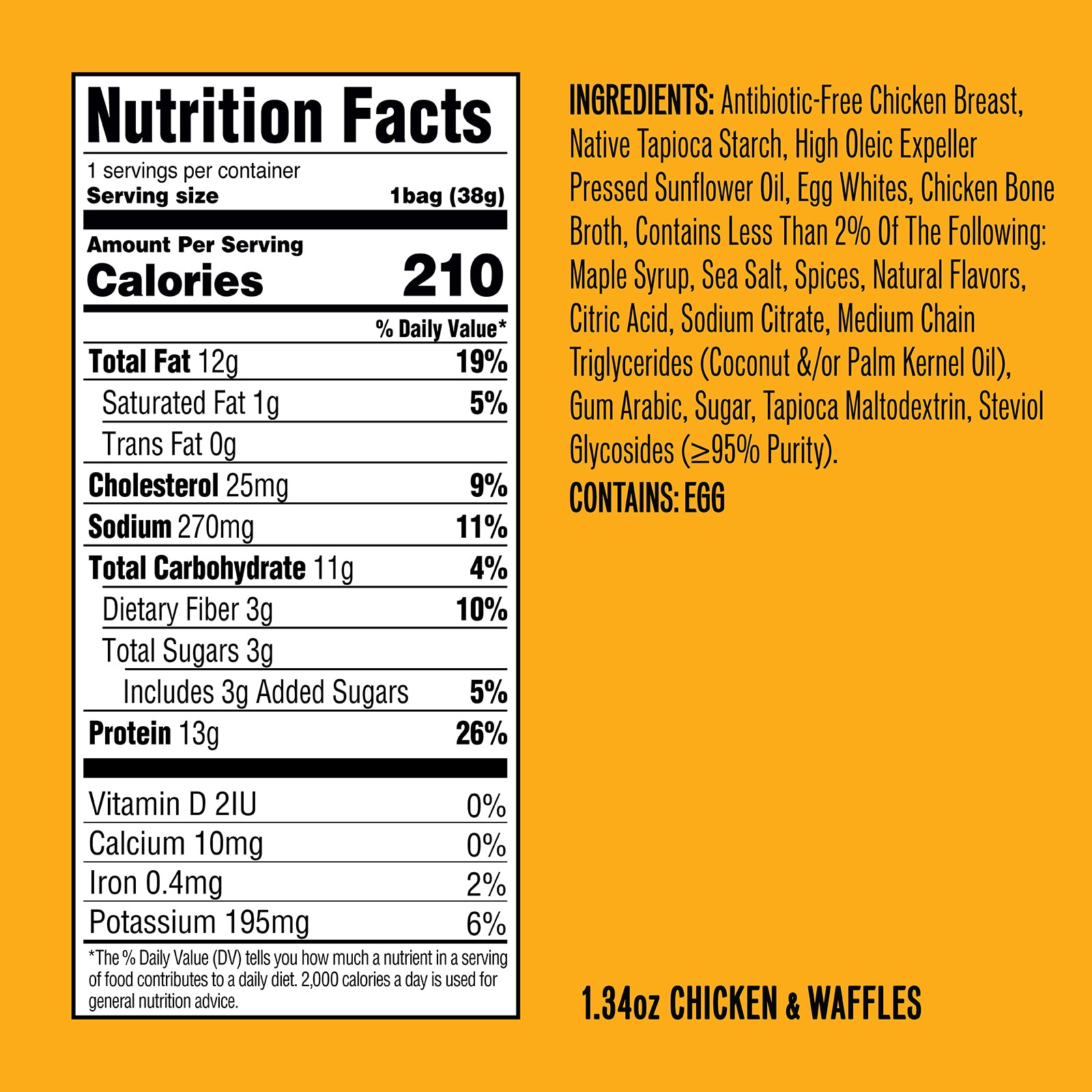 Nutrition Facts — 1.34oz Chicken & Waffles; 1 serving, 210 cal; nutrient and ingredient summary; contains EGG.