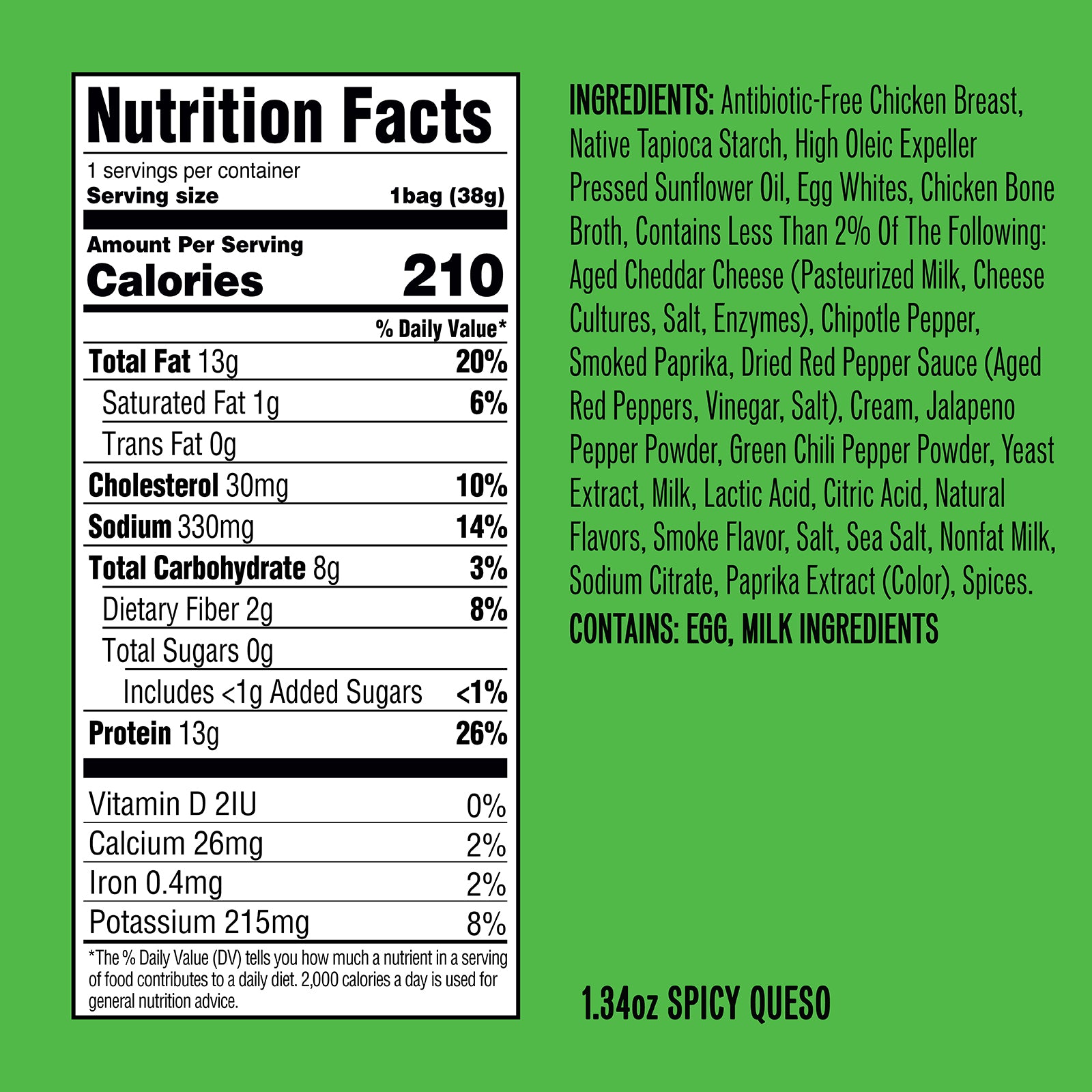 Nutrition facts panel and ingredients for Spicy Queso—serving size 1 bag (38g); contains EGG and MILK ingredients.