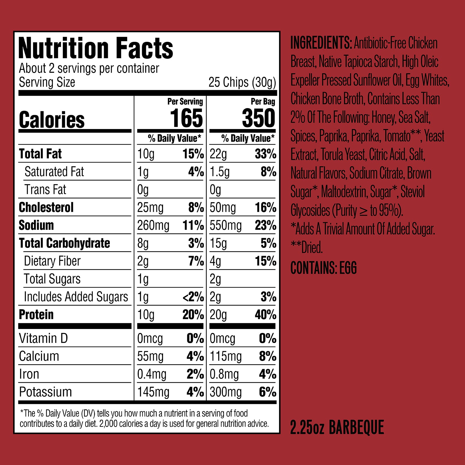 Nutrition Facts and ingredients panel for 2.25oz barbeque chicken chips; lists calories, serving size, and CONTAINS: EGG.