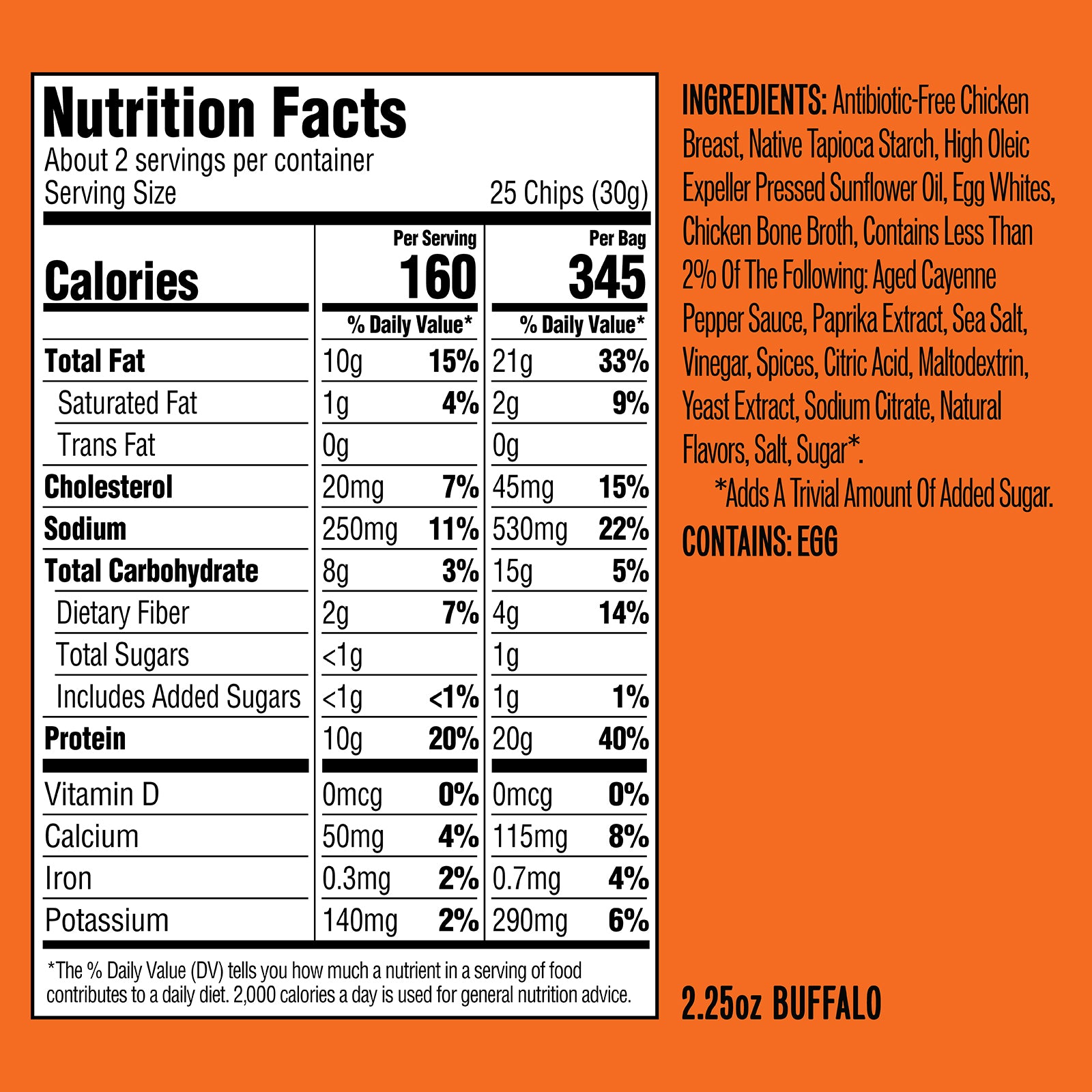 Nutrition facts panel and ingredients for buffalo chicken chips showing per-serving 160 cal, per-bag 345 cal; contains EGG.