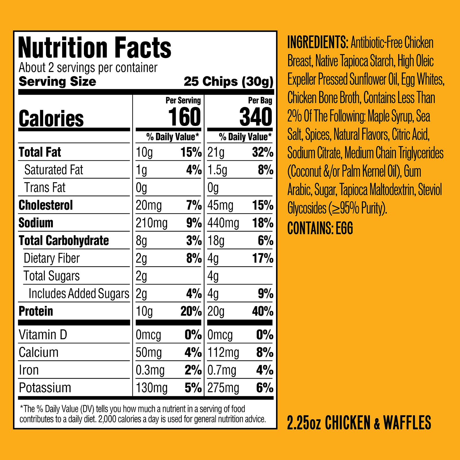 Nutrition Facts—Chicken & Waffles: 25 chips (30g) serving, 160 cal; ingredient list at right; CONTAINS EGG.