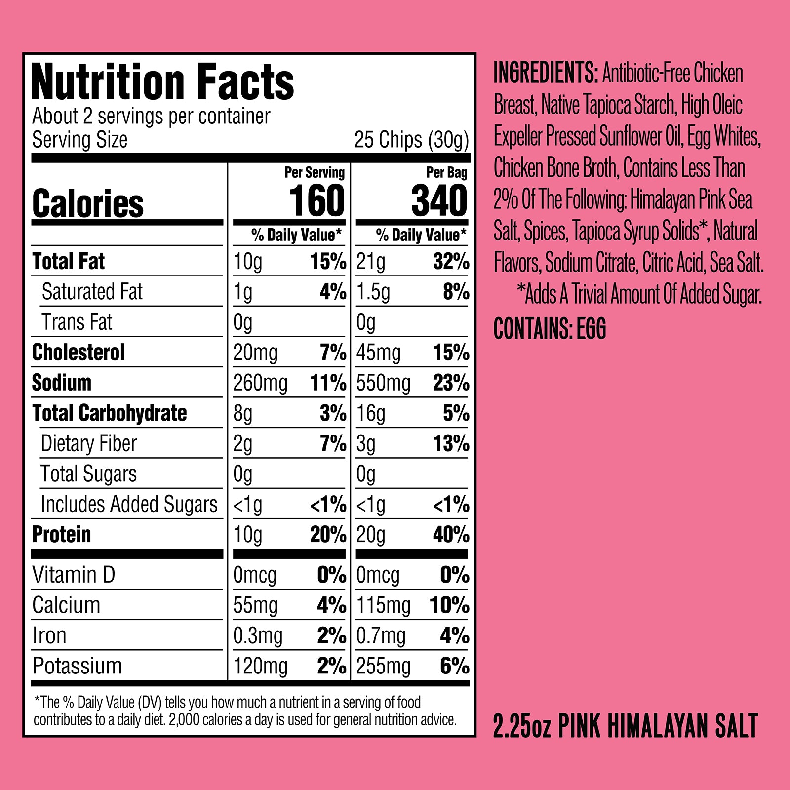 Nutrition Facts label for chicken chips: 160 calories per serving, nutrition table, ingredients list and 'CONTAINS: EGG'.