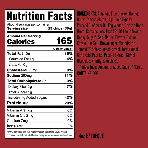 Nutrition Facts panel and ingredient list for 4oz barbeque chicken chips; serving 25 chips (30g), 165 calories; contains egg.