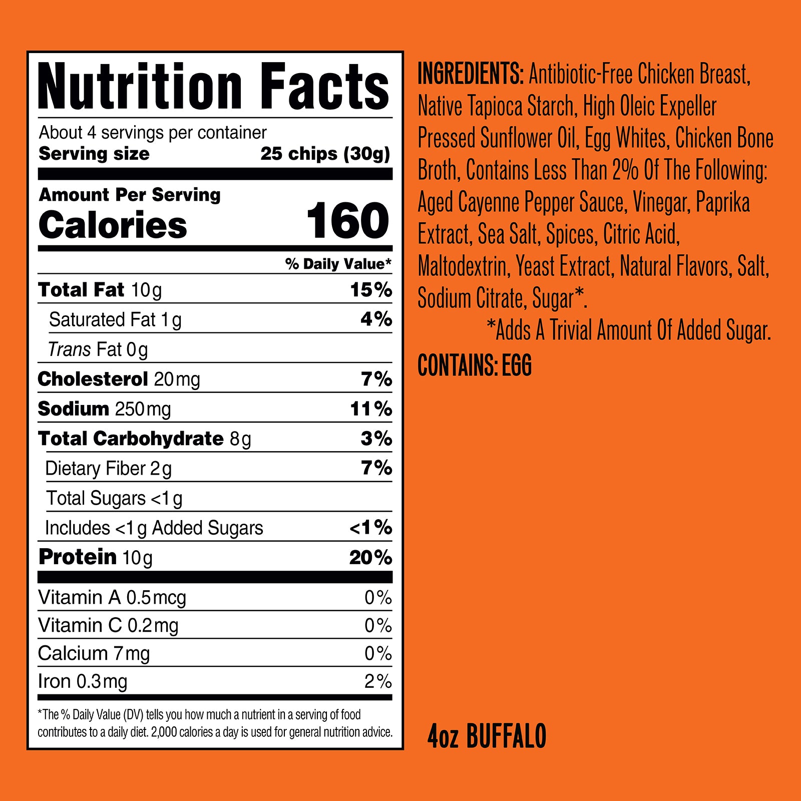 Nutrition Facts and ingredients for 4oz Buffalo chicken chips — 25 chips (30g) per serving, 160 calories; contains egg.